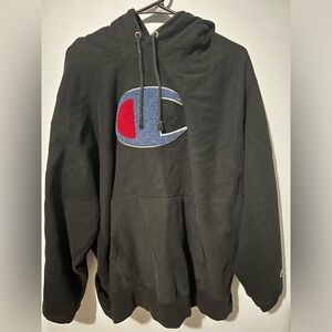 Men’s champion hoodie (champion logo is texture of an area rug)